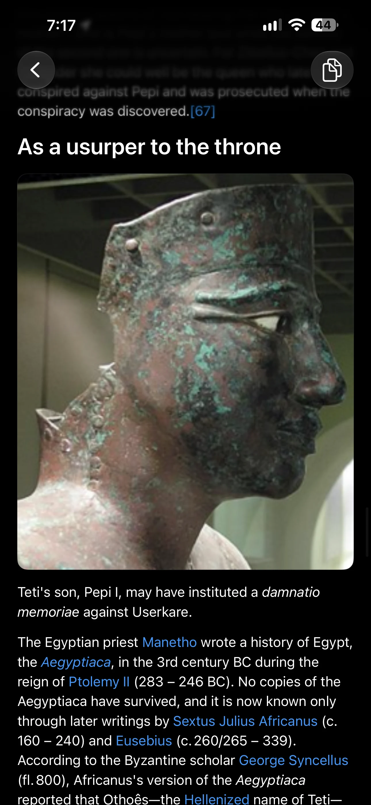 Valin Reader showing the saved Wikipedia article about Userkare, with its text, links and a photograph of an ancient Egyptian statue.