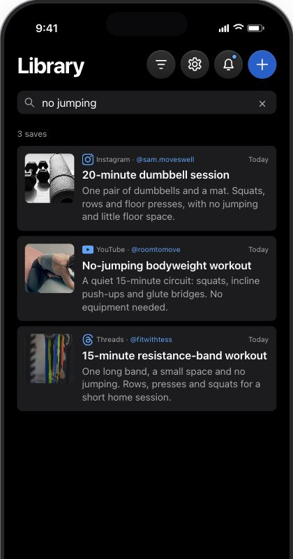 Valin Library preview showing a search for no jumping and three saved workouts from Instagram, YouTube and Threads.